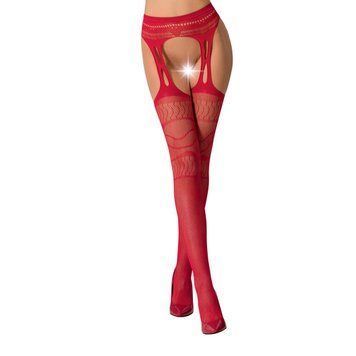 Сетчатые чулки-стокинги Passion S020 One Size, Red, ажурный узор, имитация пояса с гартерами PSS020R фото