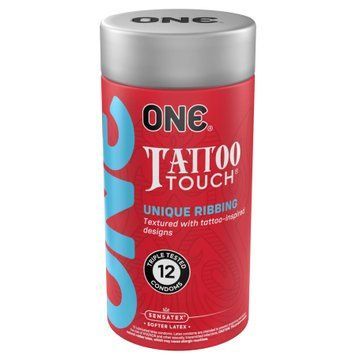 Презервативи ONE Tattoo Touch, 12 шт, рельєф у вигляді тату, 3 різновиди, подарункове паковання-тубус SX0790 фото