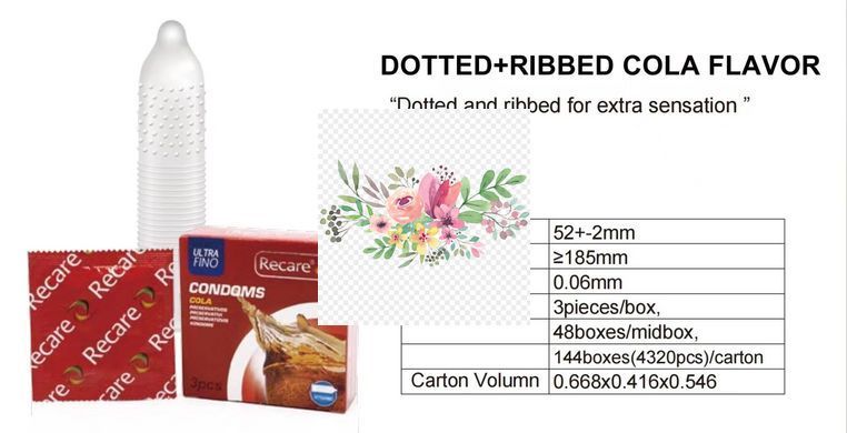 Презервативи Recare Cola Dotted&Ribbed Condoms 3 шт, з пухирцями та ребрами, аромат: Кола SX3319 фото