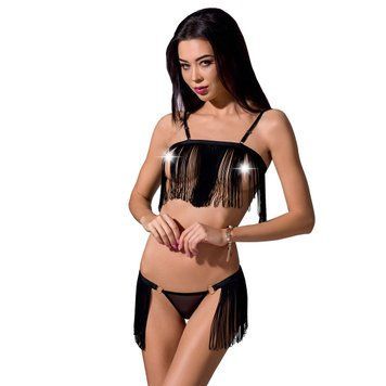 Комплект белья Passion Exclusive KASSANDRA SET OpenBra 2XL/3XL, black, лиф из бахромы, трусики-юбка PS26303 фото