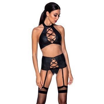 Комплект з еко-шкіри імітація шнурівки Passion NANCY SET XXL/XXXL black топ трусики пояс для панчіх SO5375 фото